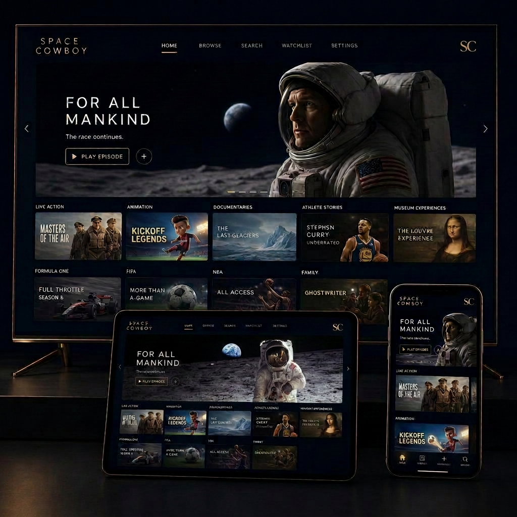 Space Cowboy streaming app on TV, tablet and phone